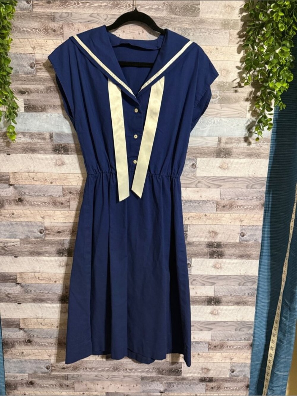 Navy Sailor Collar Midi Dress with Cream Trim